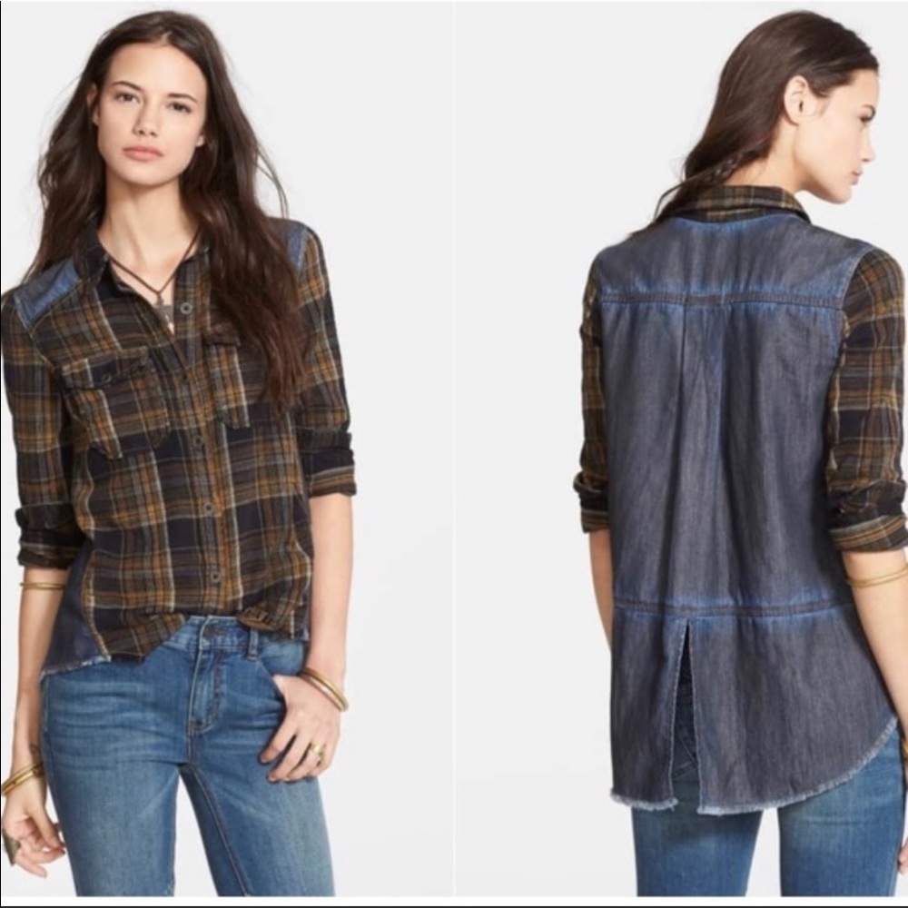 Free People Road Trip Getaway Plaid Denim Top